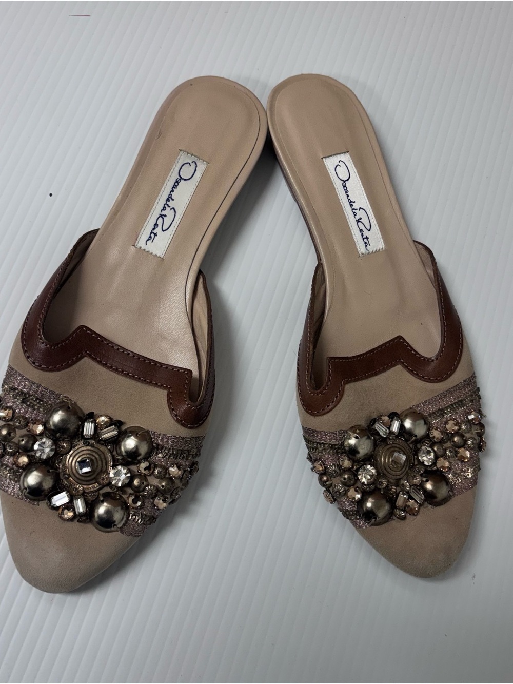 Oscar de la Renta Beige and Brown Jeweled Slip-On Mules